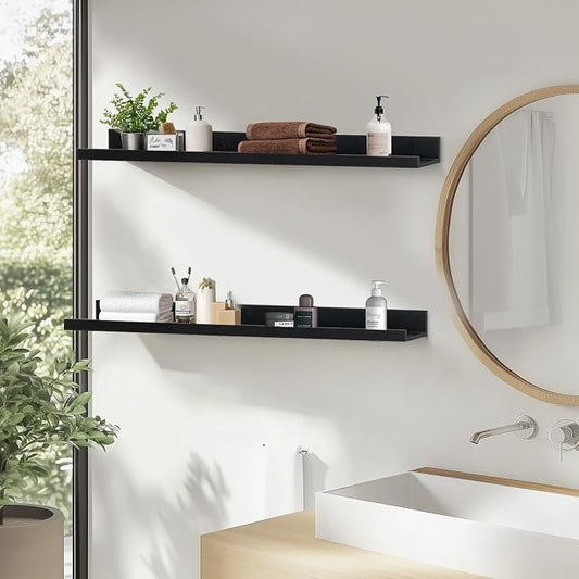 Muzilife 55" Large Floating Wall Ledge Shelves with Lip - Set of 2 Wood Floating Shelves - Black Wall Mounted Picture Ledge for Office, Bathroom, Bedroom, Living Room, Kitchen