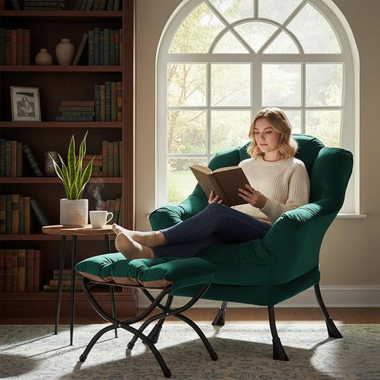 Welnow Lazy Chair with Ottoman, Modern Accent Chair with Armrests and a Side Pocket, Leisure Sofa Armchair, Reading Armchair with Footrest for Small Space, Dark Green