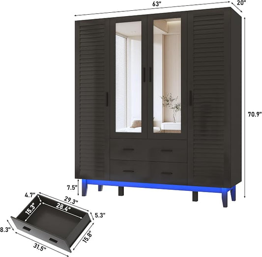 Hlivelood 4 Door Armoire Wardrobe Closet Cabinet with Drawers and LED Lights, Multi-Tier Shelves, Hanging Rod & 4 Louver Doors, Large Capacity Storage Wardrobe Armoire for Bedroom, Black