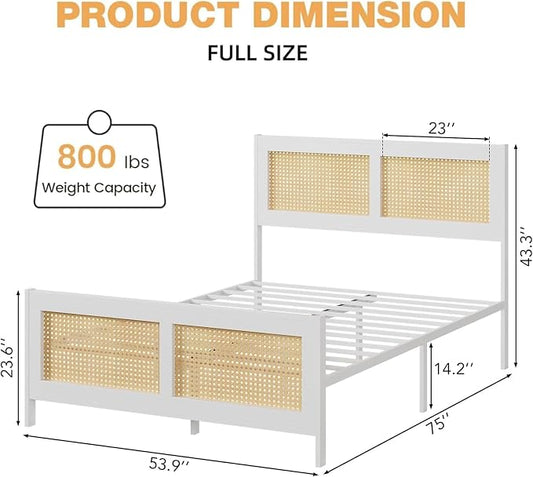 GarveeHome Full Size Bed Frame with Headboard, Boho Rattan Bed Frame with Strong Metal Slat, Noise Free, No Box Spring Needed, White and Natural