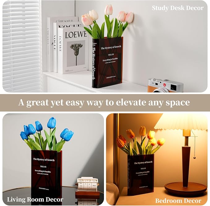 Puransen Brown Book-Shaped Vase for Flowers - Aesthetic Room Decor for Modern Home/Office, Minimalist Shelf Organizer with Floral Display, for Book Lovers & Interior Design Enthusiasts