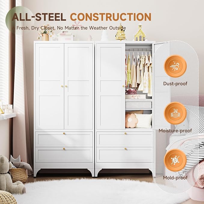 Letaya 71" Metal Wardrobe Cabinets with 2 Drawers,Steel Armoire Wardrobe Closet with Doors and Shelves,Clothing Storage Cabinets with Hanging Rod for Bedroom, Gym, Cloak Room,White