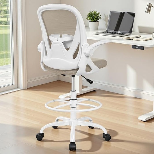 Primy Drafting Chair Tall Office Chair with Flip-up Armrests Executive Ergonomic Computer Standing Desk Chair with Lumbar Support and Adjustable Footrest Ring(Khaki)