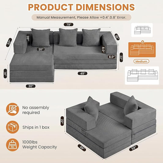 79" Modular Sectional Sofa, Boneless Convertible Sleeper Sofa Bed, Modern Tri-Folding Cloud Couch with L-Shape Chaise, Corduroy Futon for Living Room Small Spaces Apartment, No Assembly,Grey