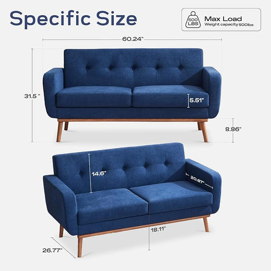 HUIMO Sofa Couch, Mid Century Modern Sofa with Solid Wood Frame, Button Tufted Couch for Bedroom, Living Room, Office, Apartment (Dark Blue, 60 inch)