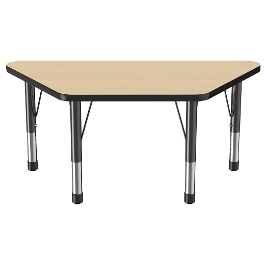 FDP Trapezoid Activity School and Classroom Kids Table (24 x 48 inch), Chunky Toddler Legs for Collaborative Seating Environments, Adjustable Height 15-24 inches - Maple Top and Black Edge