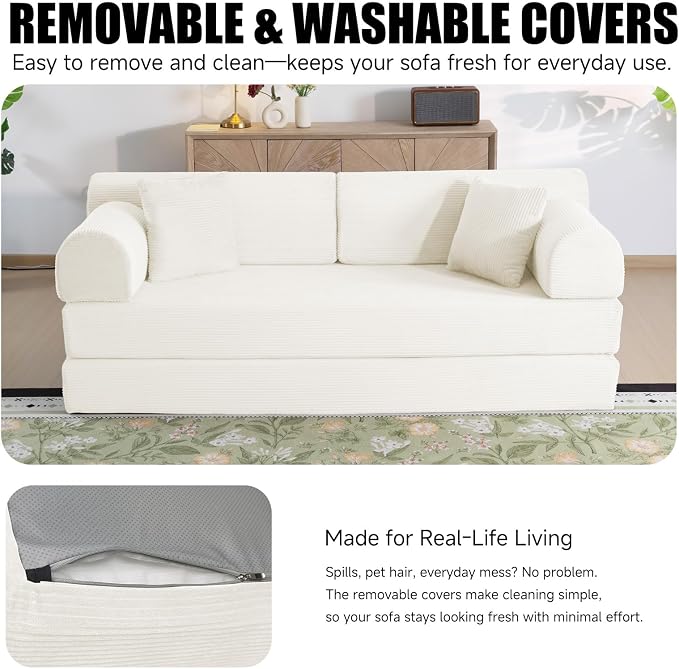 79" Corduroy Sofa Bed, Boneless Couch in a Box with 2 Pillows, High-Density Foam 4-in-1 Foldable Sleeper Futon Loveseat for Small Spaces, No Assembly, Side Pockets, Round Arm White