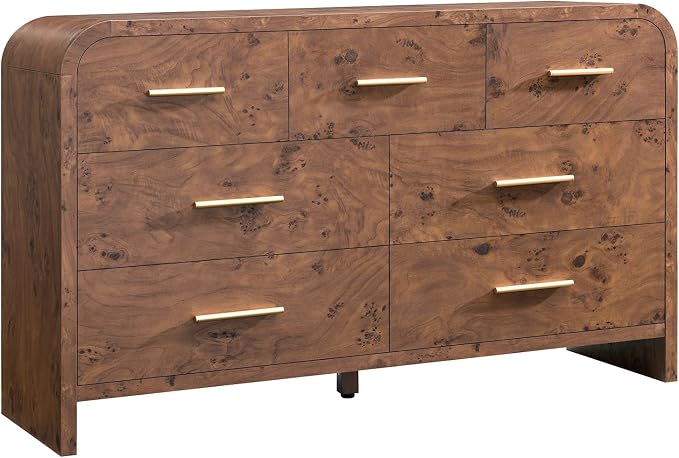 Curved 7 Drawer Dresser for Bedroom, 53.82'' Wide Chest of Drawers, Modern Storage Cabinet for Hallway & Living Room TV Stand, FSC Certified 1.18" Thick Board, 100 lbs Top Weight, Dark Burl