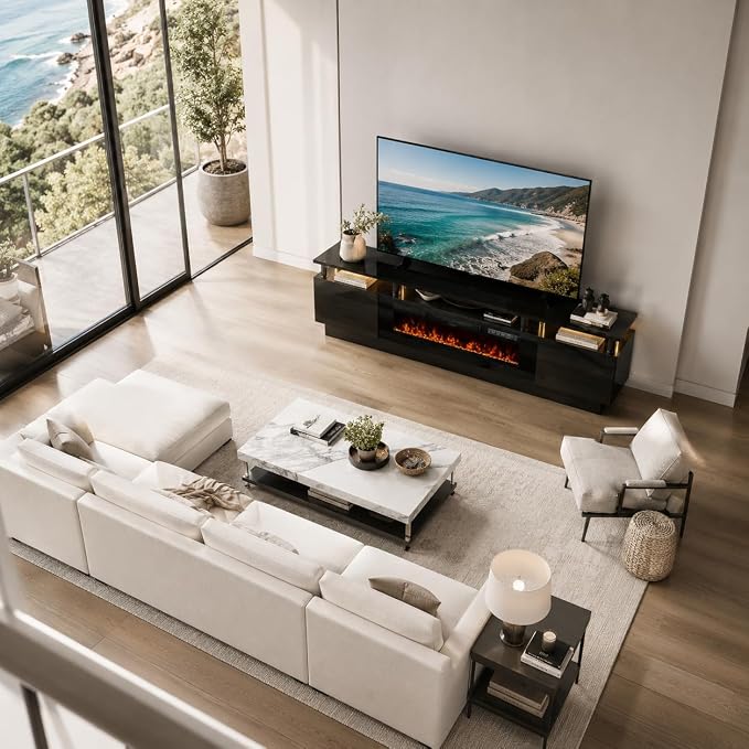 70" TV Stand for Living Room, Modern Entertainment Center & Media Console, Fits TVs up to 80", Storage Cabinet with Shelves, 36" Electric Fireplace with LED Flame (All Black)