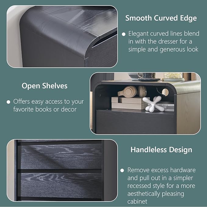 Aitjunz 25" Tall Modern Nightstand Set of 2, 23.6'' Wide Wood Bedside Table w/2 Storage Drawers, Charging Station, Mid Century End Table for Bedroom, Living Room,Curved Profile Design, Black