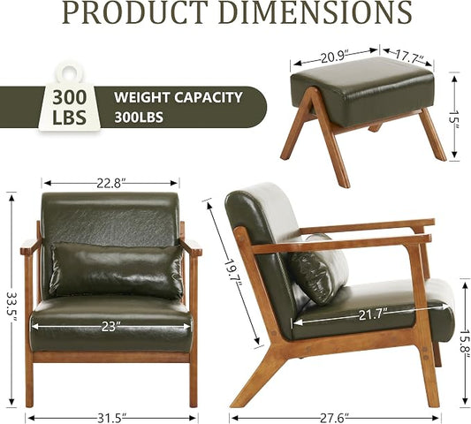 Accent Chair and Ottoman Set, Mid-Century Modern Faux Leather Upholstered Lounge Armchair with Pillow, Solid Wood Frame & Comfortable Cushion for Living Room, Bedroom, Balcony, Green