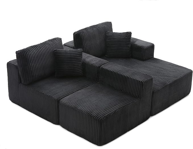 L Shaped Modular Boneless Sectional Couches for Living Room, Wide Armrest, Deep Seat, Memory Foam, Assembly Free, Modern Comfy Corduroy Fluffy Cloud Sofa with Right Chaise, Black