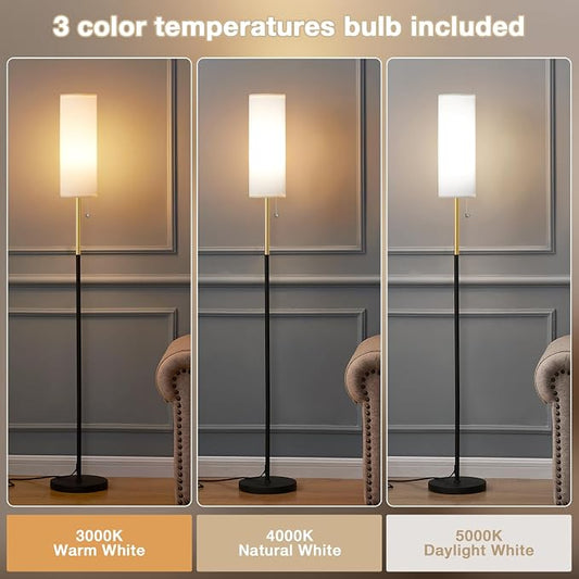 Ambimall 64'' Floor Lamp for Living Room with 3 Color Temperatures Bulb, Minimalist Pole Lamp, White Lampshade, Black & Gold Pole