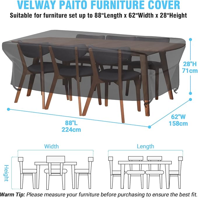 Velway Patio Table Chairs Set - Waterproof 88"L x 62"W x 28"H Outdoor Bistro Dining Set - Fire Pit Table Cover - Furniture Cover - Small Rectangle - Ultra Windproof - UV-Resistant