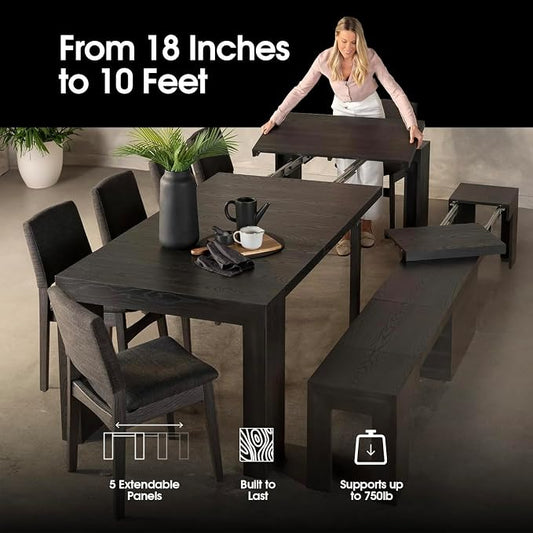 Transformer Table - Solid Wood Extendable Dining Table, Seats 2-12, Expandable Dining Room Table, Space-Saving Furniture, Expandable Dining Furniture, Black (Table Only)