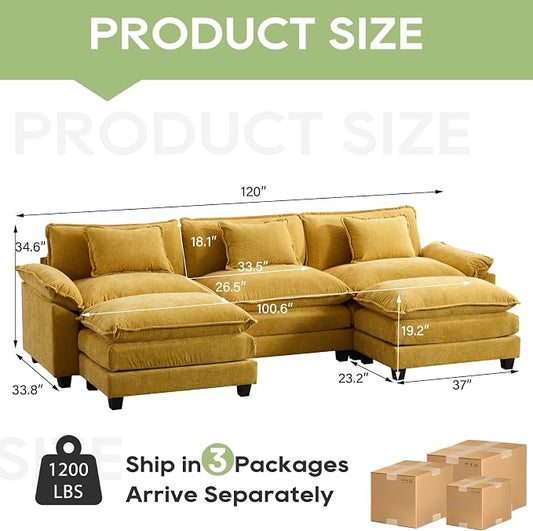Oprisen 120" Modular Sectional Sofa, Comfy Cloud Couch Sectional Sofa with Ottoman, Chenille Sofa Sleeper Deep Seat Sofa with Throw Pillows for Living Room (Yellow, 120"- U Shape)