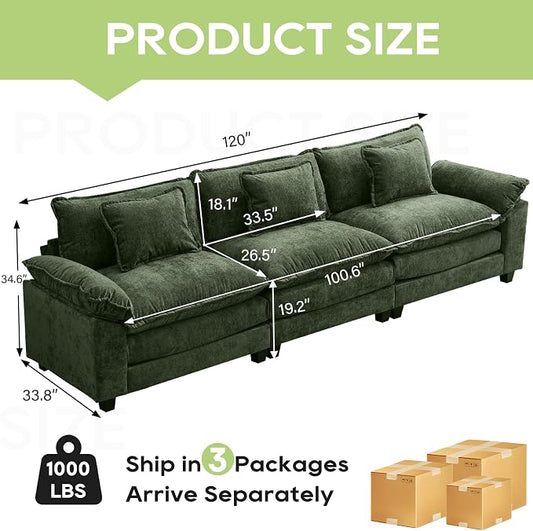 Oprisen 120" Modular Sectional Sofa, Comfy Cloud Couch Sectional, Chenille Sofa Sleeper Deep Seat Sofa with Throw Pillows for Living Room (Green, 120"- 3 Seater)