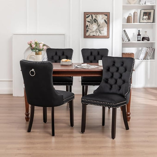 Hixkol Velvet Dining Chairs Set of 4,Upholstered Dining Chairs with Ring Pull Trim and Button Back and Wood Legs, Modern Seating for Kitchen, Bedroom & Living Room(Black)