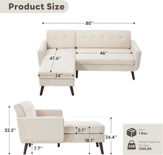 Kingfun L Shaped Couch, 80" W Mid-Century Modern Sofa, Sectional Couches, 3 Seater Sofas with Wide Chaise Lounge, Button Tufted Upholstered Sectional Sofa for Living Room, Bedroom, Beige