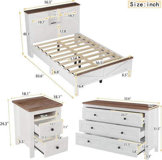Farmhouse 3-Pieces Bedroom Sets, Full Size Wood Platform Bed with Nightstand and Dressing Table, Full Beds Frame with Double Sliding Door Headboard and Charging Station (White, Full)