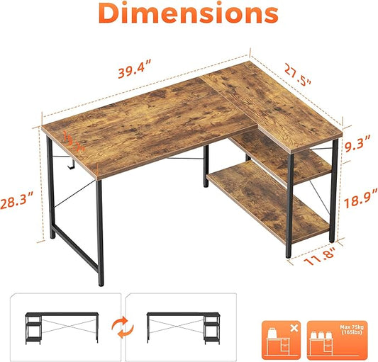 Mericonia Small L Shaped Computer Desk, Reversible Gaming Desk with Storage Shelves, Corner Gamer Desk Table, Study Writing Table