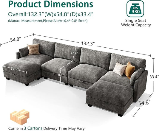 Modular Sectional U Shaped Sofa Couches for Living Room, Cloud Couch with Storage Ottoman, Comfy Chenille Sofa with Pillow, Dark Gray