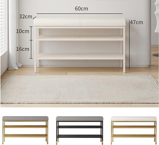 EFLAL White Gold Metal Shoe Storage Bench, Multi-Layer Capacity, Soft Seat Cushion, Open Design