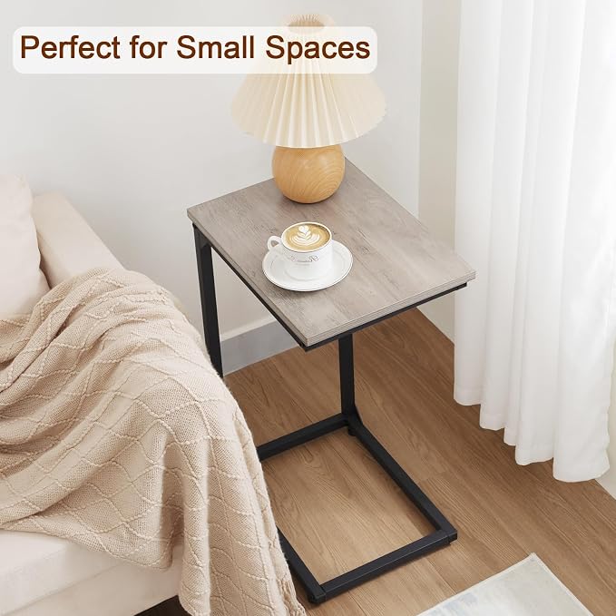 AMHANCIBLE C Shaped End Table, Slide Under Couch Table for Sofa, TV Tray Snack Table, Small Side Table for Small Space, Living Room, Grey HET02CGY-1