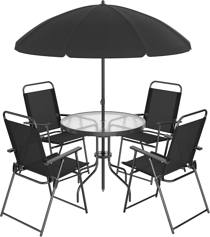 Shintenchi 6 Piece Patio Dining Set with Umbrella, Outdoor Furniture Set with 4 Folding Chairs and Tempered Glass Top Dining Table fot Lawn Backyard Garden Porch Black