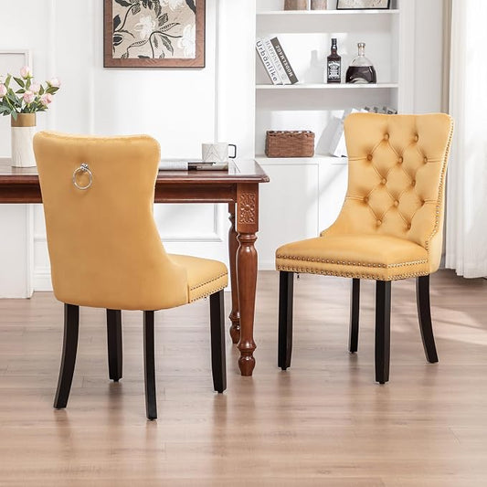Mid Century Modern Dining Chair Set of 2 Velvet Upholstered Dining Accent Chair Farmhouse Dining Chairs with High Back and Nailhead Trim for Kitchen, Living Room, Bedroom (Gold)
