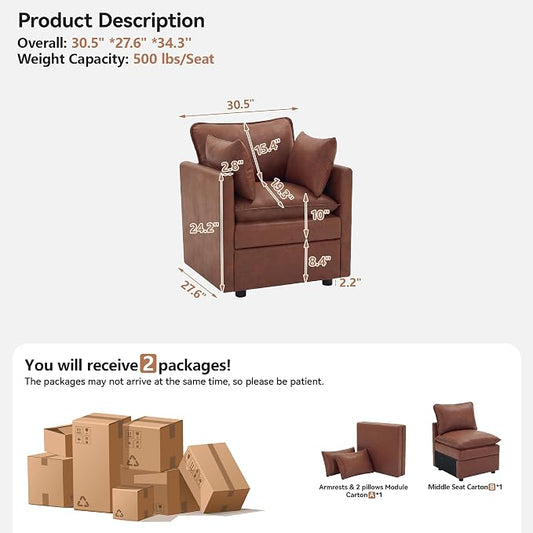 30" Brown Faux Leather Sofa Chair, Single Cloud Accent Chair with Storage | Modern Upholstered Deep Seat Sofa Chair, Comfort for Reading, Lounging, and Small spaces, Armchair for Living Room, Bedroom