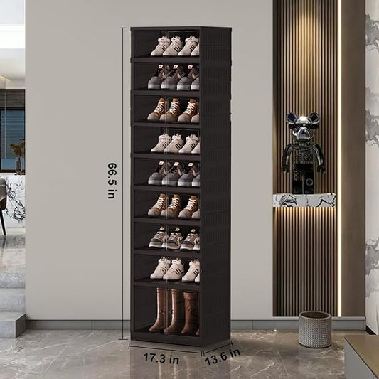 SYNCVIBE Shoe Rack Organizer for Closet Entryway Foldable Sneaker Storage Shoe, Collapsible Shoe Cabinet, Stackable Shoe Storage Cabinet with Lids for Living Room (9 Tiers -18 Pairs Black)