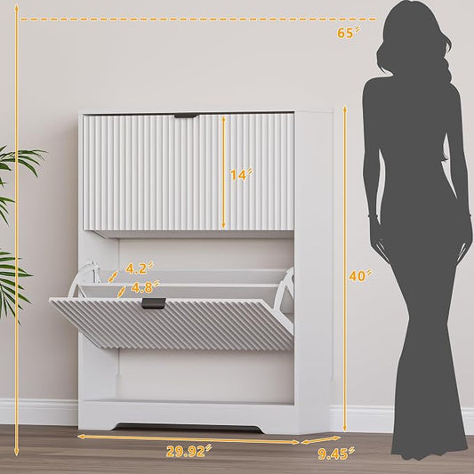 BORNOON Shoe Cabinet with 2 Flip Drawers, Fluted Shoe Storage Cabinet with Adjustable Shelves, Freestanding Rack and Organizer for Entryway, Closet, Hallway