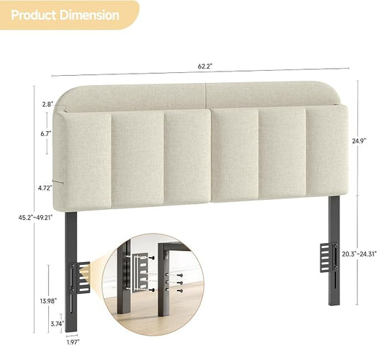 Adjustable Headboard for Full/Queen Size Bed Frame, Linen Fabric Bed Headboard with Storage & RGB LED Light in Modern Vertical Channel Design, White