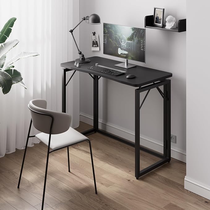 JOYMOOP Black 31.5" Folding Desk, No Assembly Small Foldable Desk for Home, Office, Wooden Top Folding Computer Desk for Working, Writing, Studying