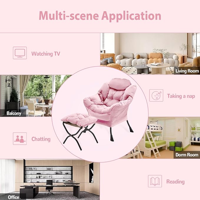 Youtanic Lazy Chair with Folding Ottoman, Accent Chair Velvet Upholstered with Metal Structure and Non-Slip Pads, Sofa Armchair with Footrest and Side Storage Bag for Dorm, Room, Office, Pink