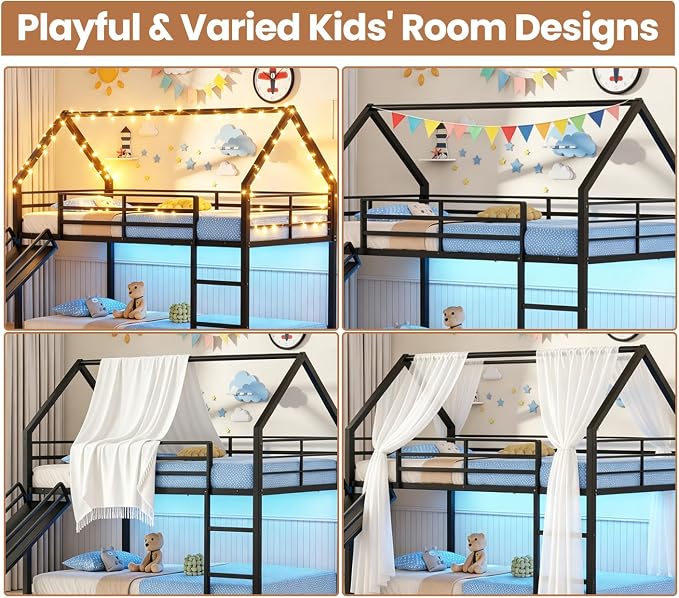 Twin Over Twin Bunk Bed with Slide 40° Gentle-Slope & LED Light, House-Shaped Low Bunk Bed Twin Size with 13.4" Extra-Tall Guardrail & Ladder, Heavy Duty, No Box Spring Needed, Easy Assembly, Black