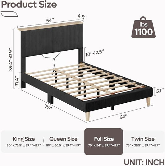 Bestier Full Bed Frame with Adjustable Headboard & LED Lighting, Corduroy Upholstered Platform Bed Frame with Storage Shelf, Solid Wood Slats, No Box Spring Needed, Never Squeak, Easy Assembly, Black