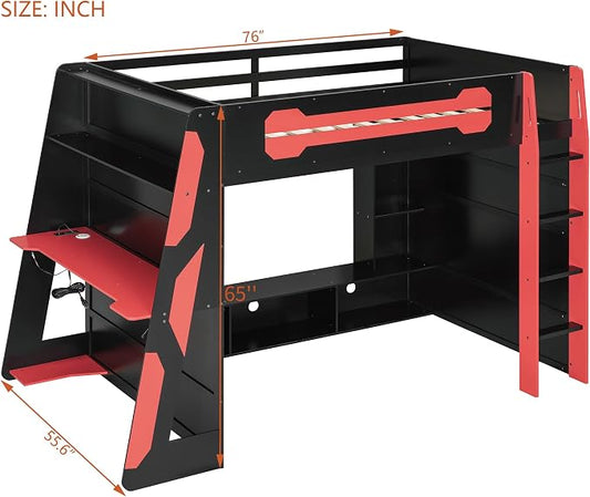 Merax Full Size Loft Bed with Desk, Multi-Storage Shelves and RGB Light | Space-Saving Wooden Gaming Bed Frame with Charging Station and Guardrail