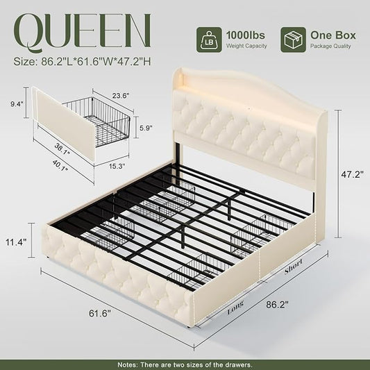 Queen Size Bed Frame and Headboard & 4 Storage Drawers, Upholstered Platform Bed Frame with RGB LED Lights & Charging Station, No Box Spring Needed, Easy Assembly, Noise-Free, Beige