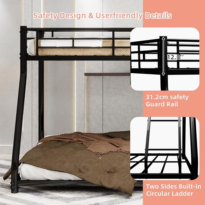 EMKK Twin Over Full Bunk Bed for Adults, Metal Bunk Beds Twin Over Full Size for Teens Dorm Bedroom Guest Room,Heavy Duty Bunk Beds with Ladder and Safety Full Length Guardrail (Black)