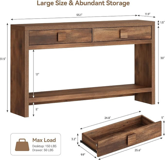 ONBRILL Console Table with Drawers, 55 Inch Narrow Entryway Table with Open Storage Shelves, Mid Century Modern Hallway Accent Tables Behind Couch Table for Living Room (Vintage Brown)