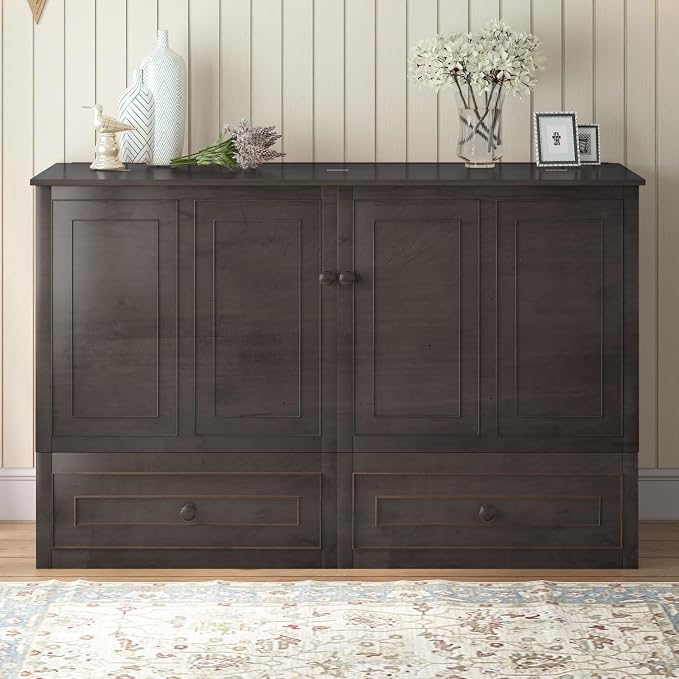 BALUS Queen Size Murphy Bed Cabinet with Tri-Fold Memory Foam Mattress, USB Charging Station, Cabinet Murphy Beds with Storage Drawer, Guest Wall Bed for Living Room Home Office, Grey