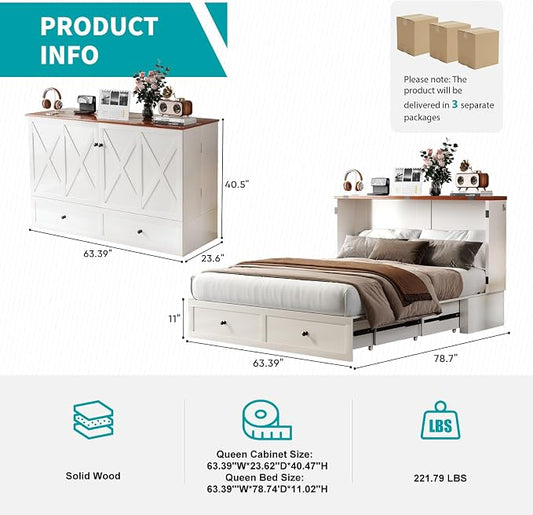 BALUS 63’' W Murphy Bed Queen with Mattress Included, Queen Size Murphy Bed with Mattress & USB Charging Station & Storage Drawer, Murphy Cabinet Beds for Living Room/Home Office/Bedroom-White