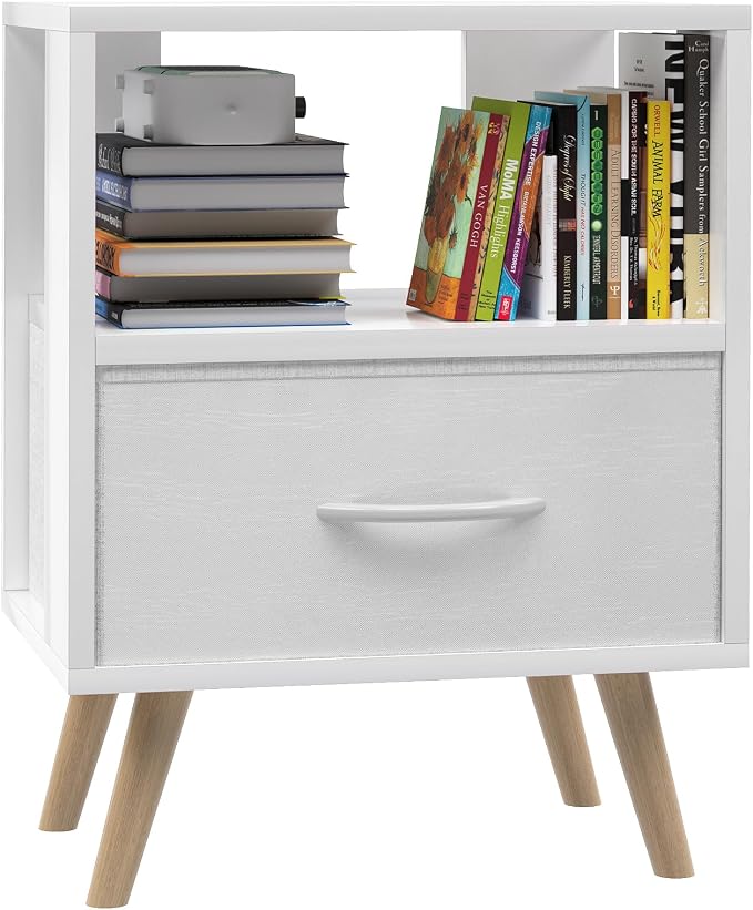 Huhote Kids Nightstand, 2-Tier Night Stand with Drawer, Modern Side Table for Bedroom, Study Room, Small Spaces, White