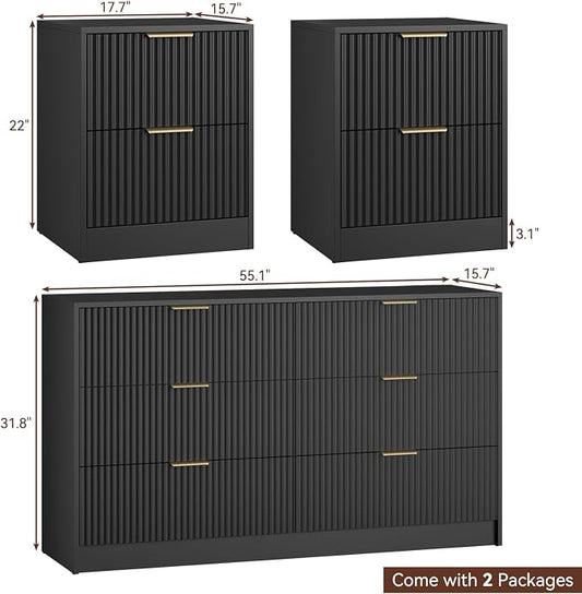 6 Drawer Dresser & Nightstand Set 3-Piece, 55” Wide Bedroom Dresser and Night Stand Set of 2 with Metal Handle, Fluted Modern Wood Chest of Drawers Storage Dressers Set for Bedroom, Black