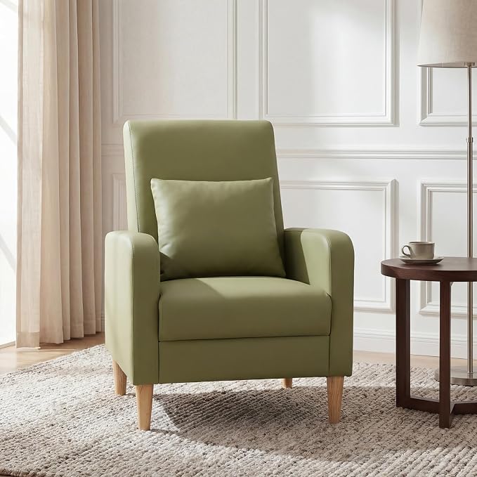 COLAMY Mid-Century Modern Upholstered Accent Chair with Back Pillow & Solid Wood Legs, Leather Cozy Armchair for Living Room, Bedroom, Reading Nook, Apartment & Small Spaces, Green