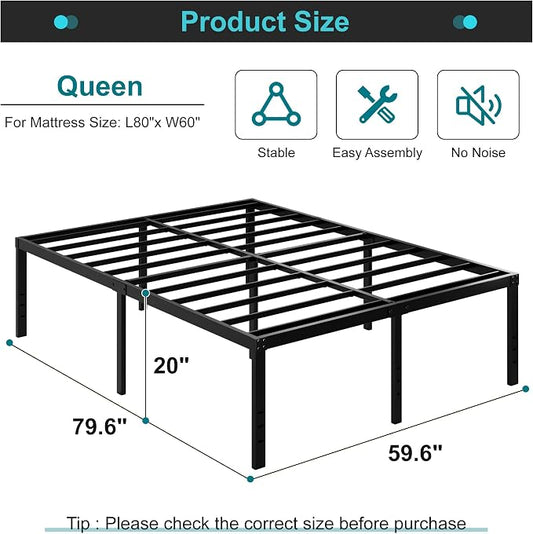 Maenizi 20 Inch Queen Bed Frame No Box Spring Needed Heavy Duty Metal | Queen Platform Bed Frame Support Up to 3000 lbs, Easy Assembly, Noise Free, Black