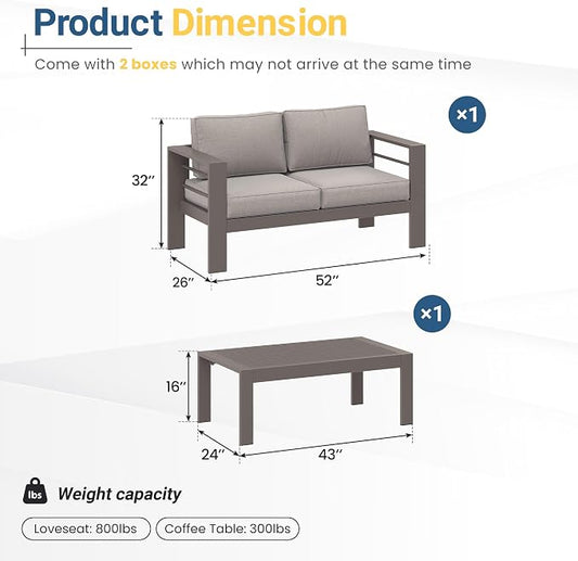 Wisteria Lane Metal Patio Furniture Set for All Weather, Oversized Heavy Duty Outdoor Furniture Set with Upgraded Cushion, Modern Outdoor Patio Loveseat Set for Garden, Balcony, Backyard, Kahki Gray