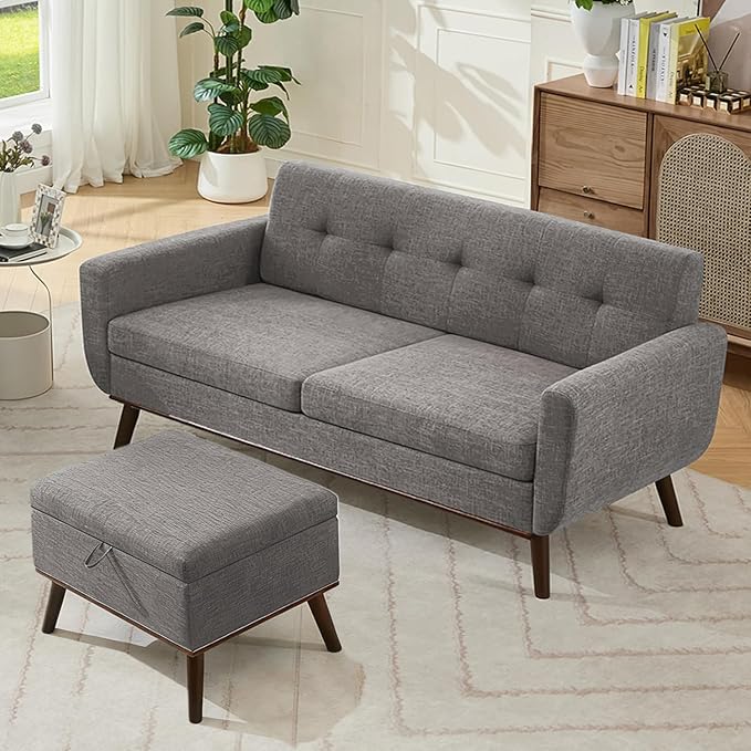 Kingfun Living Room Furniture Sets, Standard & Ottoman, Mid Century Modern Decor Sofa Couches, Button Tufted Upholstered Furniture, Gray | linen fabric